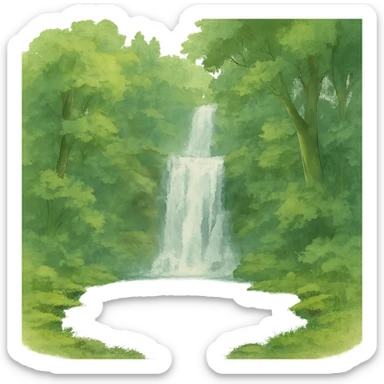 waterfall then lake and the rest of the waterfall in forest, natural colors, soft, fairy-like atmosphere, no background, square size sticker
