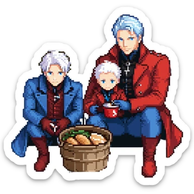 Dante and Vergil from Devil May Cry sitting together in a KFC family bucket, Dante in red coat, Vergil in blue coat, both with white hair sticker