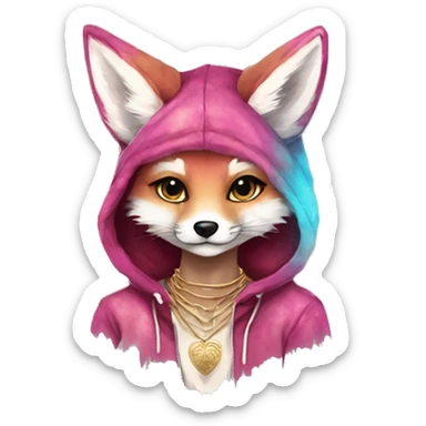 Pink magenta burgundy maroon cyan beige gray fox wearing a pink hoodie with gold jewellery gold piercings gold ear piercing gold nose piercing vintage watercolour tie dye black raven wings sticker