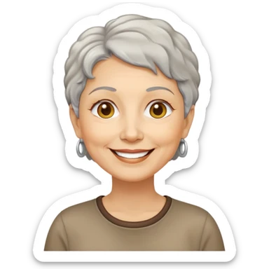 Bà lão 60 tuổi, da vàng, mặt tròn, tóc ngắn màu bạc, tóc hơi xoăn, mặt cười tươi vui vẻ, áo nâu sticker