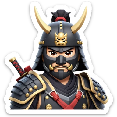 clash-of-clans-aesthetic_-cinematic-fearsome-and-majestic-samurai-bust-portrait-emoji, rendered in a flat, vector-style with minimal shading and bold, simplified shapes typical of emoji art, depicting a battle-hardened samurai with black mask and traditional black Japanese armor. The samurai is riding a noble grey warhorse adorned with an intricately designed saddle and fluttering banners and a rising sun. a samurai on a   horse sticker