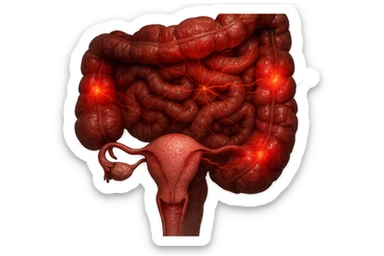 utero umano anatomico iperrealistico e intestino umano anatomico iperrealistico hanno in comune il dolore e l'infiammazione, rendi bene il collegamento tra i due organi doloranti, falla iperrealistica, non disegnata sticker