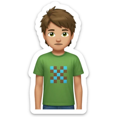A 14 yerar old teenage boy, slightly tanned, wearing a green minecrcaft tshirt, blue jeans and green sneakers with brown tousled hair, smirking sticker
