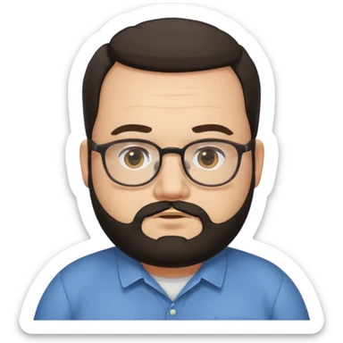 receding hairline, chubby face, with glasses and black beard sticker