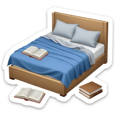 messy bed with a wrinkled blanket, the pillow out of place on the floor. Around the bed, scattered items include a t-shirt, pants, and an open book on the floor. sticker