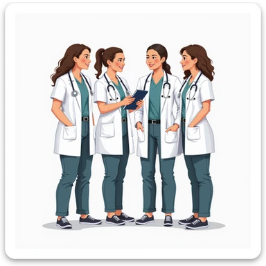 four nursing students working together during a practical session with patients, wearing short-sleeved white coats, no stethoscope, collaborative atmosphere, realistic illustration style, simple background sticker