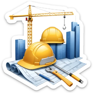 An icon featuring a blueprint, a hard hat, and a measuring tape, symbolizing architecture and construction. The design includes a building silhouette, cranes, and construction tools, representing the planning, design, and building processes. Transparent background. sticker