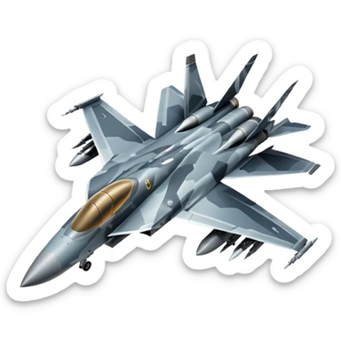 Draw a modern fighter jet with sharp wings, camo design & missiles mounted. sticker