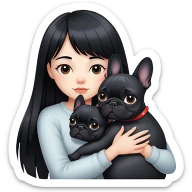 girl with long black  straight bangs hair and hugging a Black French Bulldog sticker