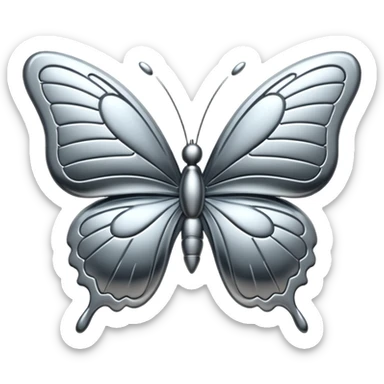 Liquid metal butterfly emoji, silver chrome material, iOS emoji style, smooth curves, reflective surface, elegant and minimal, white background sticker