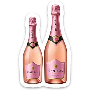 bottle of sparkling rosé champagne with a rose logo on the label, tilted up and to the right, no glass sticker
