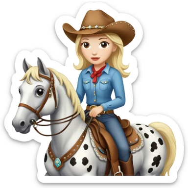 cowgirl that has white skin and blonde hair with appaloosa horse sticker
