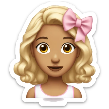 Coquette light skin brown straight medium lengh hair brown eyes with light pink  bow in her hair sticker