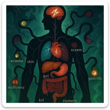 semi-realistic, medical-fantasy style human silhouette with dark worm-like forms radiating to organs, each organ highlighted with a symbol or color for a specific disease (brain: migraine, heart: arrhythmia, lungs: asthma, liver: cirrhosis, gut: colitis, joints: arthritis, skin: eczema, eyes: conjunctivitis, kidneys: insufficiency, stomach: gastritis), world map background, glowing cracks, green mist, allegorical sticker