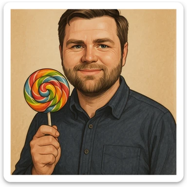 JD Vance holding a lollipop, realistic cartoon style sticker