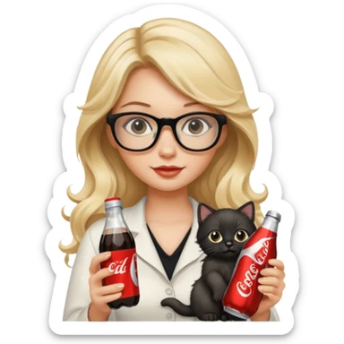 Beautiful blonde with glasses and long wavy hair holding a black kitten and a Diet Coke bottle in the other  sticker