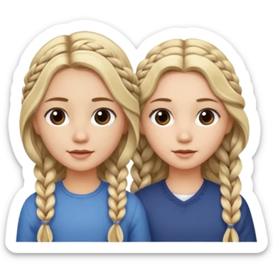 Sister with long wavy loose flowing blonde hair and  sister with DARK BROWN HAIR WITH ONE BRAID on one side.   sticker