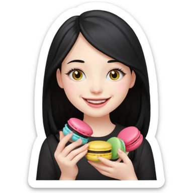 pale girl with long black hair holding a macaron, smiling, emoji style sticker
