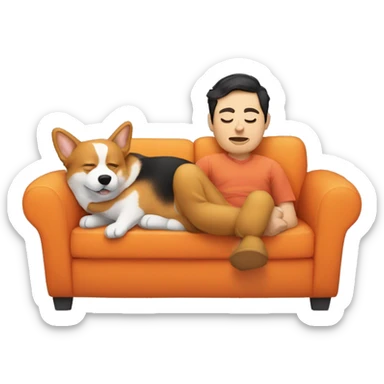 Man sitting on a couch with dark hair and has a corgi sleeping on one side and an orange cat on the other side  sticker