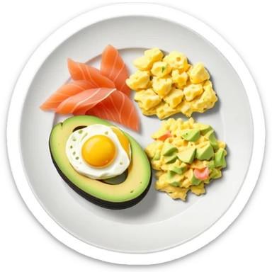 Breakfast plate with sliced avocado, scrambled-eggs and smoked salmon sticker