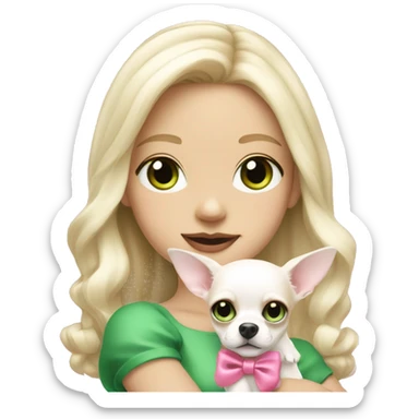 pale blond girl with wavy long platinum hair with green eyes holding a white chihuahua puppy that wearing a pink bow sticker