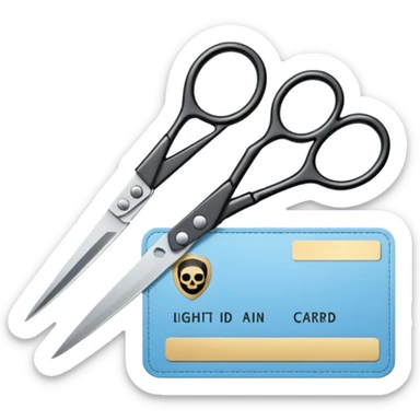Floating black Scissors cutting a light blue idf ID card in 2 parts .hyper realistic sticker