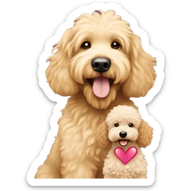 A goldendoodle and a miniature poodle hugging with heart sticker