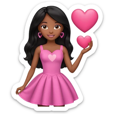 Black barbie, long black  hair, pink dress holding big heart that says heart me sticker