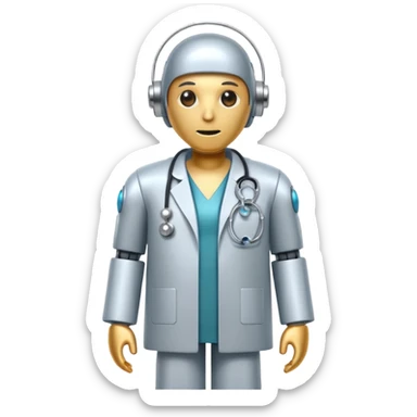 robot with a doctor's coat and a stethoscope sticker