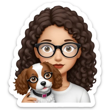 A girl whit dark brown long curly hair and black glasses and a jack russel sticker