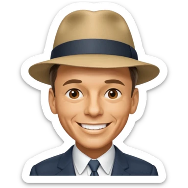Frank Sinatra with the hat on, smiling and showing data analytics on a screen in the background sticker