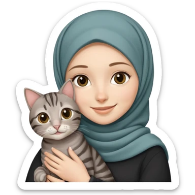 White girl wearing hijab smiling while holding a black grey tabby cat sticker