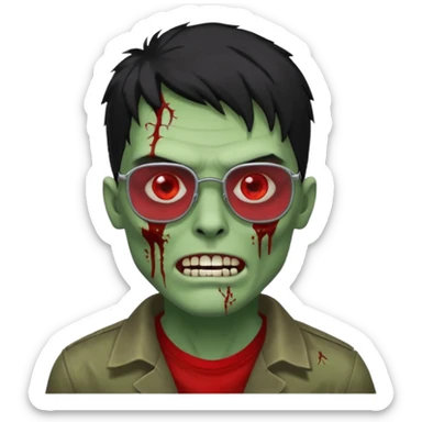 homem zumbi de óculos cabelo preto com muita olheira deixar pele dele verde dentes brancos e olhos vermelhos e ensanguentados deixar óculos quadrado e preto e olhos cheio de veias vermelhas e encher o rosto de piercings colocar piercing em todo rosto piercing prata sticker