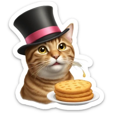 tabby cat with a tophat and a bow trying to eat food sticker