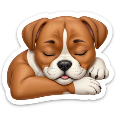 Cinematic Meme-Worthy cute Sleeping Boxer dog Portrait Emoji, Head resting peacefully with a contented smile, showcasing a delightfully cute build and a luxuriously soft fawn fur, eyes shut in a serene nap, Simplified yet hilariously adorable features, highly detailed, glowing with a soft, drowsy light, high shine, relaxed and utterly lovable, stylized with an air of playful laziness, bright and heartwarming, soft glowing outline, capturing the essence of a comically sleepy Boxer, so meme-worthy it feels like it could instantly become the next viral sensation of adorable slumber! sticker