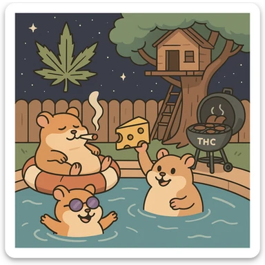 Discord server icon, square format, summer pool cookout scene with up to 3 hamsters playing and relaxing, weed leaf, cheese, and THC theme, near a treehouse, in space. Flat toon style, soft but colorful, bold outlines, nostalgic, fun, inviting, summer party vibe, clear composition, less vibrant colors, designed to look good even at tiny size. sticker