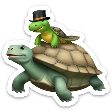 À turtle riding a hippo with a hat behind a peinguin sticker