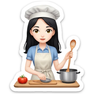 Long black hair girl with pale skin is cooking sticker