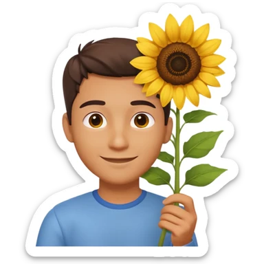 man holding a sunflower portrait, head and shoulders only, gentle smile, sunflower visible in hand, warm positive vibe, 3D cartoon style, mobile game icon style, clean background, no text, no watermark
 sticker