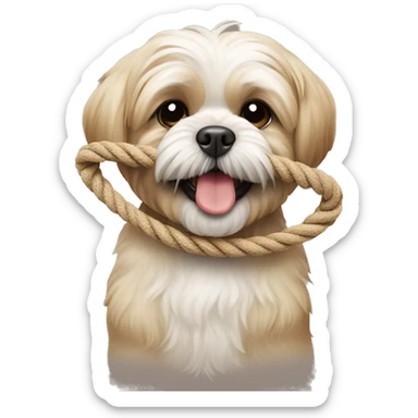 beige shi tzu dog happy with a play rope in his mouth  sticker