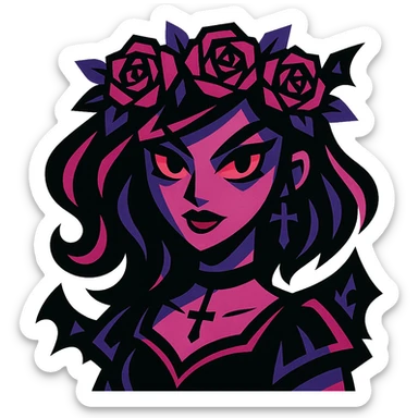 gothic flower crown, bold colors, dynamic shading, energetic, gothic motifs, black, magenta, and purple sticker