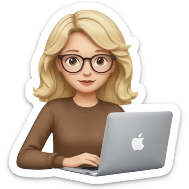 iOS style emoji, upper body view: blonde girl with dark blonde wavy hair, wearing pantos-style glasses and a brown sweater, sitting with a laptop, flat vector design, soft pastel colors, white background, Apple emoji style, upper body shot sticker