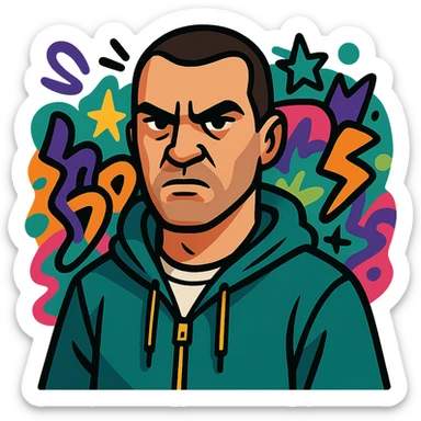 GTA5 main character icon, tough expression, streetwear, graffiti background sticker