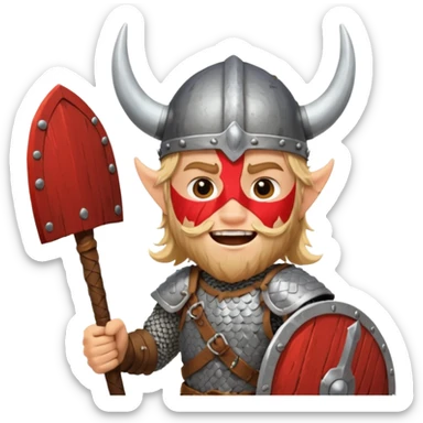A young Viking warrior with messy hair painted cheeks, wooden shield, and fierce excited grin with horned helmet sticker