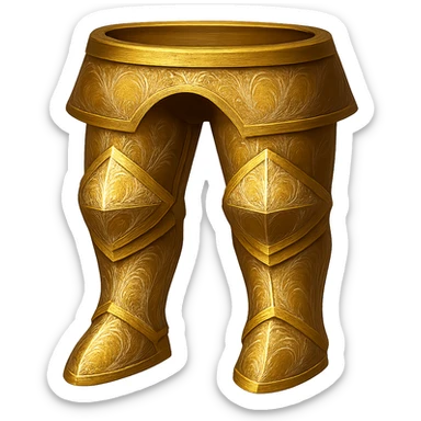 Recolor these platelegs to a plated gold color with ornate engravings inlaid with silver. The gold should be rich and metallic, and the engravings should have a bright, reflective silver finish. Keep the exact shape and proportions of the original platelegs. Transparent background. The original style is armor illustration. sticker