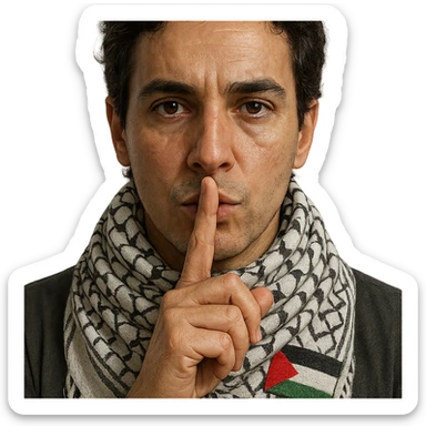 a person with a finger on their lips in a 'shh' gesture, Palestinian scarf (kufiya) around the neck, and a small Palestinian flag detail on the scarf, detailed, realistic sticker