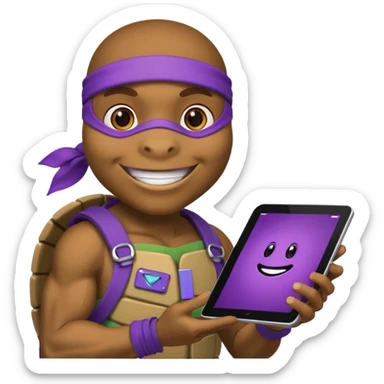 Donatello from Teenage Mutant Ninja Turtles, emoji style, holding a tablet with a hacking screen and smiling, with a purple hacking interface on the screen sticker