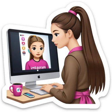 donna con i capelli lunghi e legati, coach che lavora con il pc , lo sfondo del pc deve avere come loghi instagram e tik tok sticker