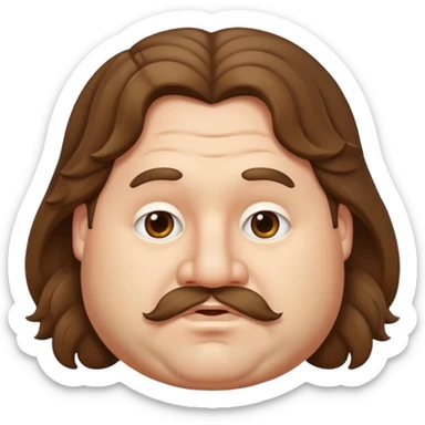 chubby man with brown wavy long hair and a big nose sticker