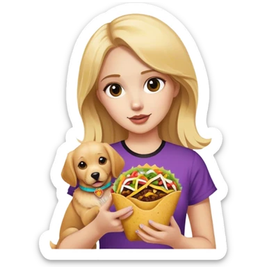 blonde girl with golden retriever holding taco bell sticker